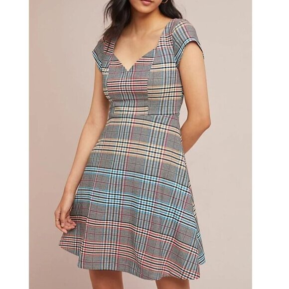 Anthropologie Fit Flare Dress Womens 14 Blue Plaid Sweetheart Neck Short Sleeve - Picture 1 of 4